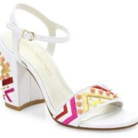 Stuart Weitzman White Studded Embroidered City Sandals Size 8.5 - Picture 1 of 8